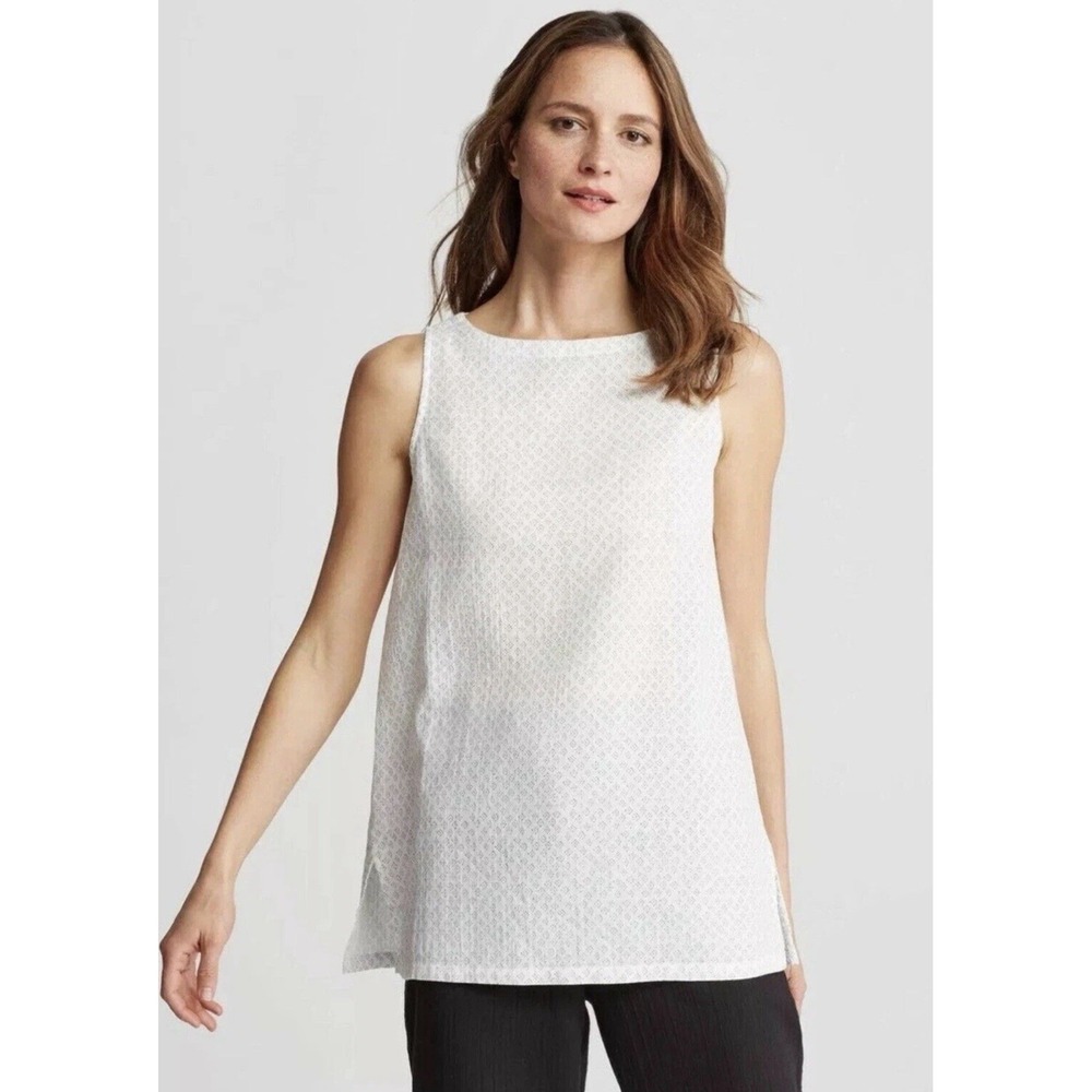 Eileen Fisher‎ Cadence Printed Organic Cotton Gauze Long Tank Medium $198 NWT